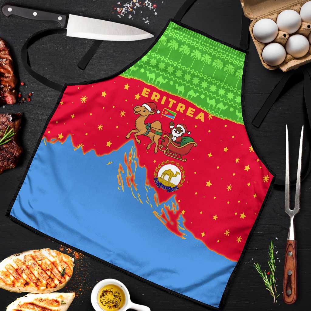 Eritrea Christmas Apron with Santa Claus Camel Sleigh National Emblem and Red Green Blue Pattern - Wonder Print Shop