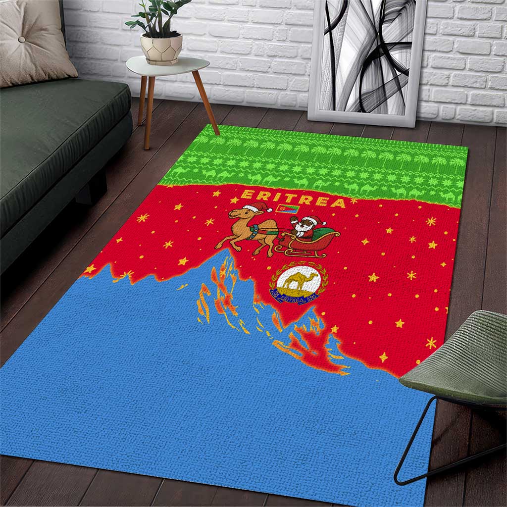 Eritrea Christmas Area Rug with Santa Claus Camel Sleigh National Emblem and Red Green Blue Pattern - Wonder Print Shop