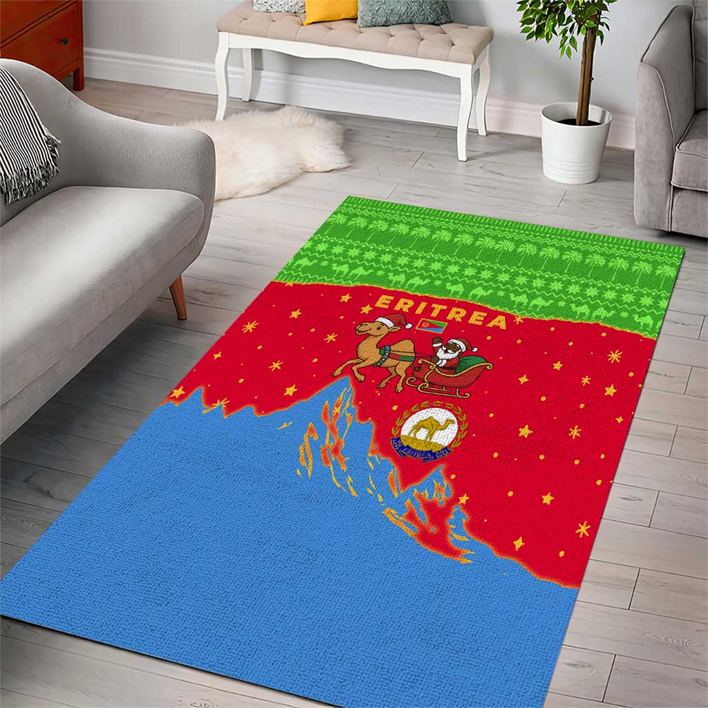 Eritrea Christmas Area Rug with Santa Claus Camel Sleigh National Emblem and Red Green Blue Pattern - Wonder Print Shop
