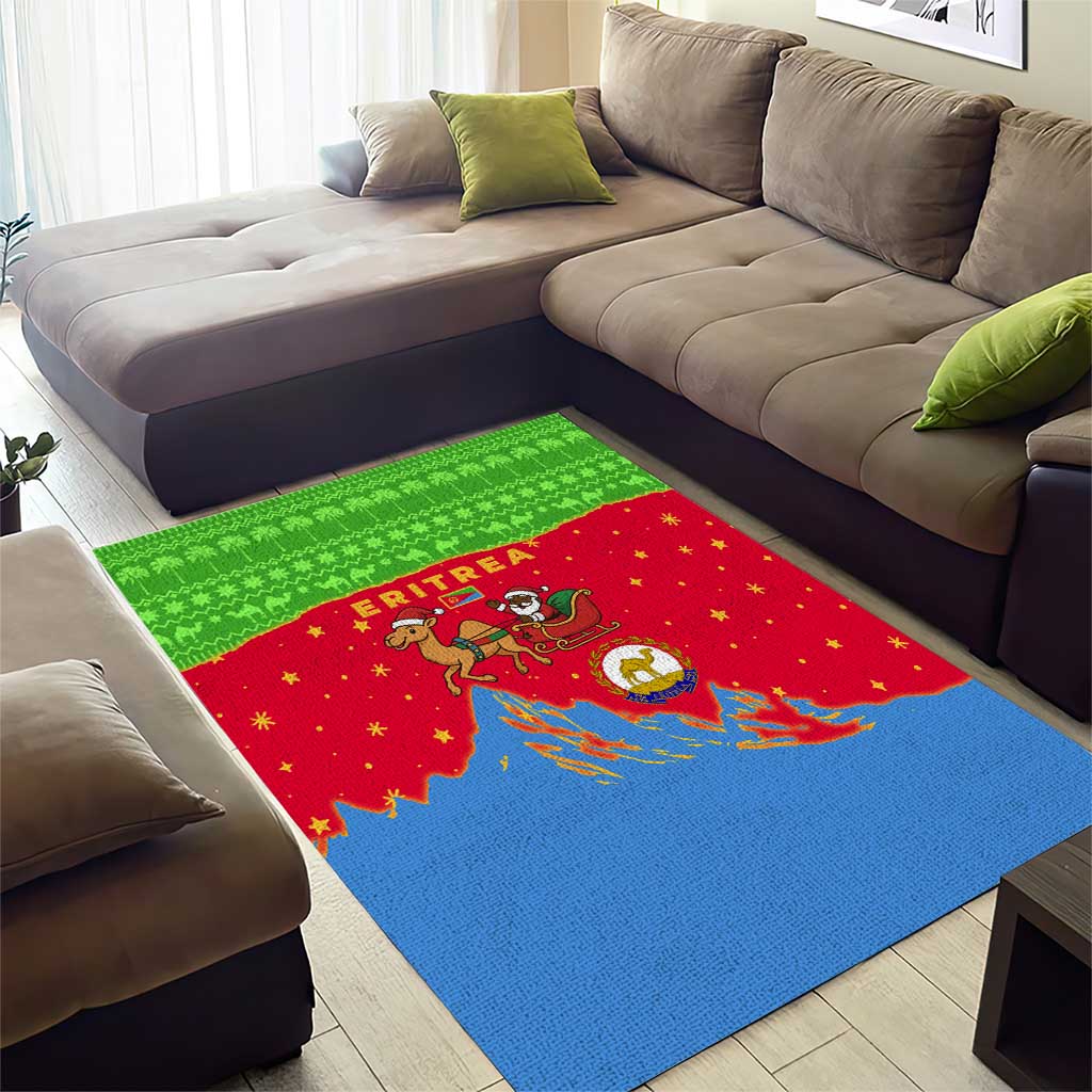 Eritrea Christmas Area Rug with Santa Claus Camel Sleigh National Emblem and Red Green Blue Pattern - Wonder Print Shop