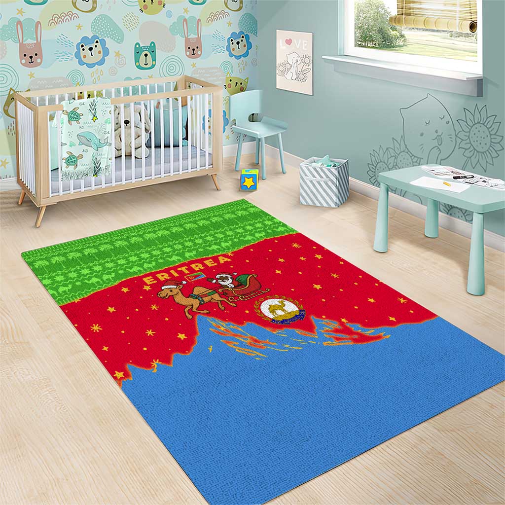 Eritrea Christmas Area Rug with Santa Claus Camel Sleigh National Emblem and Red Green Blue Pattern - Wonder Print Shop