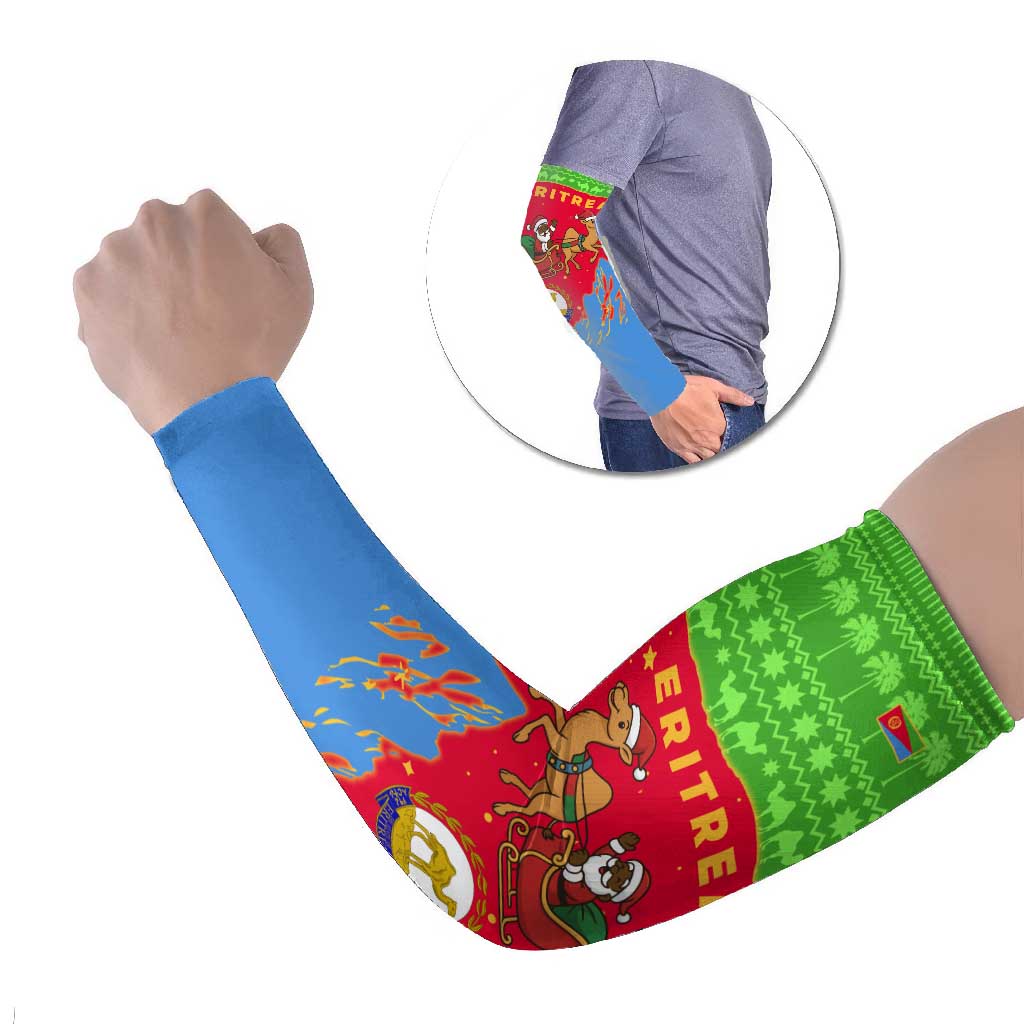 Eritrea Christmas Arm Sleeves with Santa Claus Camel Sleigh National Emblem and Red Green Blue Pattern - Wonder Print Shop