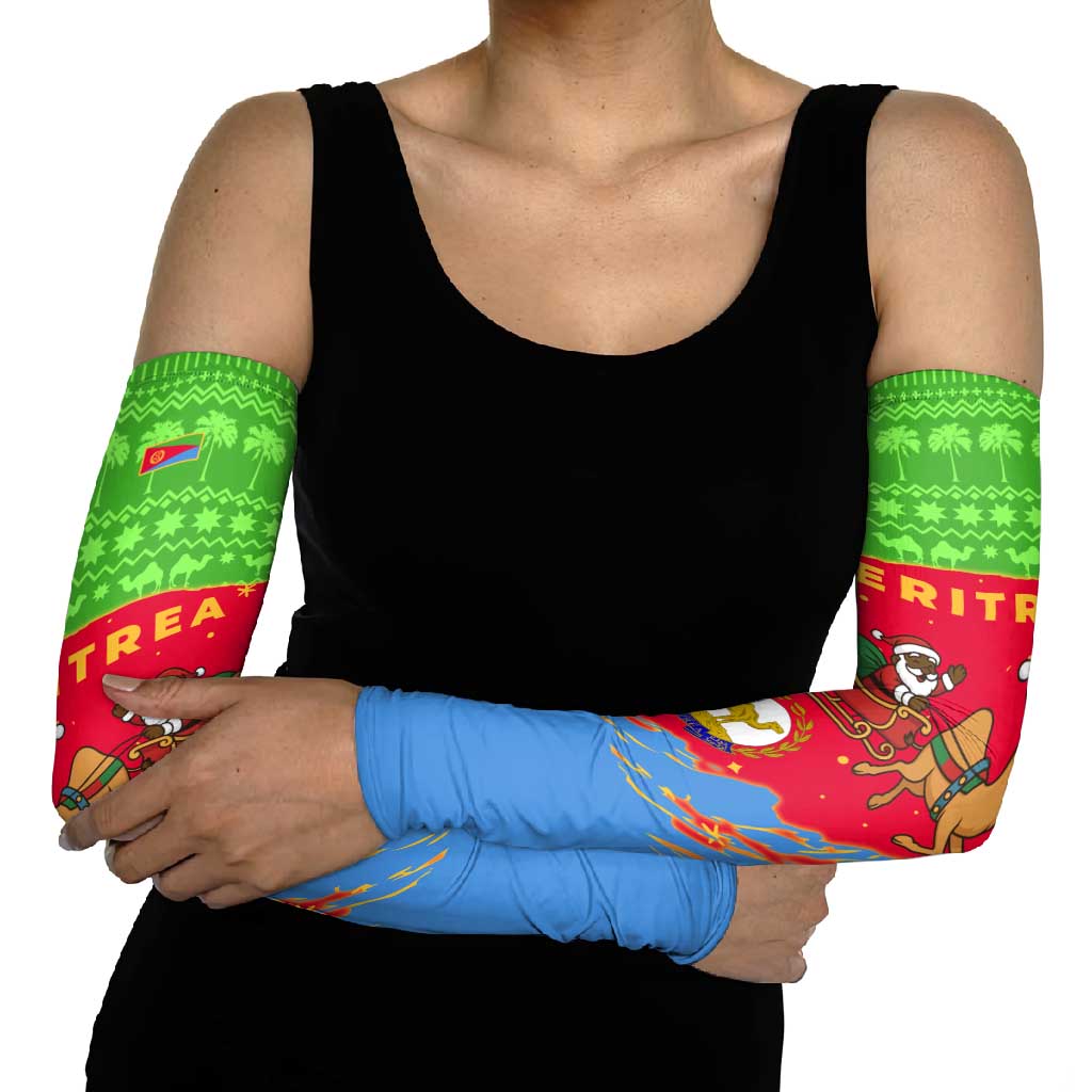 Eritrea Christmas Arm Sleeves with Santa Claus Camel Sleigh National Emblem and Red Green Blue Pattern - Wonder Print Shop