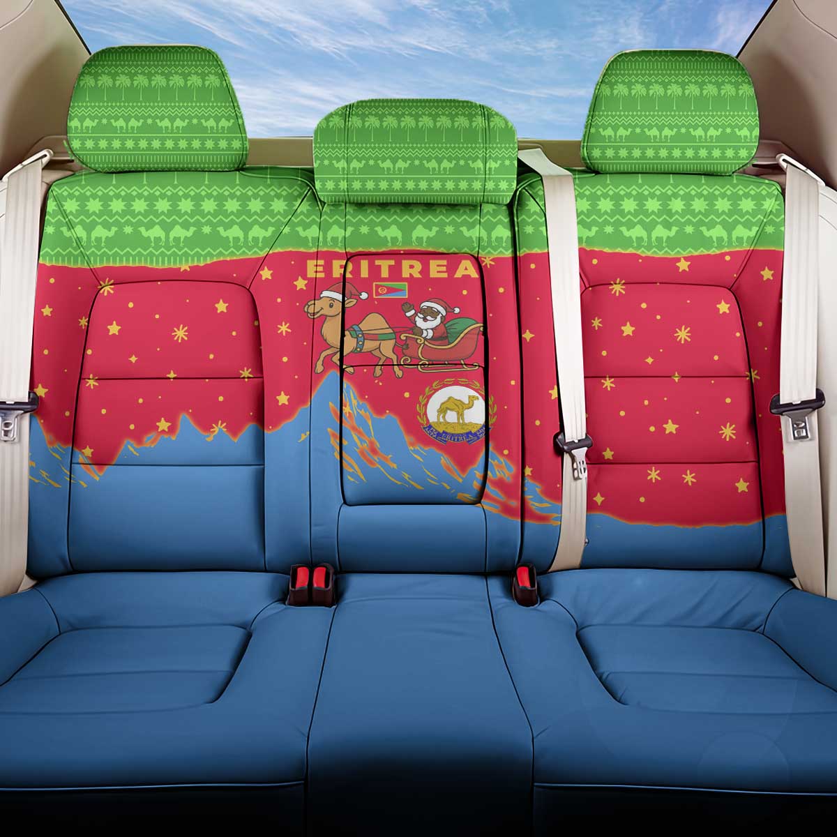 Eritrea Christmas Back Car Seat Cover with Santa Claus Camel Sleigh National Emblem and Red Green Blue Pattern - Wonder Print Shop