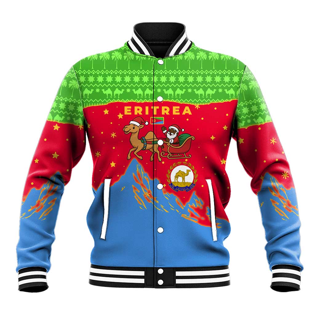 Eritrea Christmas Baseball Jacket with Santa Claus Camel Sleigh National Emblem and Red Green Blue Pattern - Wonder Print Shop