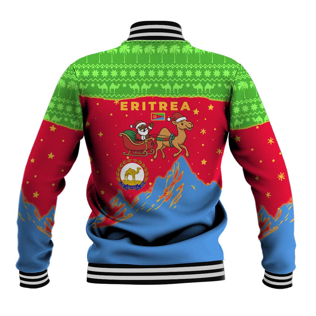 Eritrea Christmas Baseball Jacket with Santa Claus Camel Sleigh National Emblem and Red Green Blue Pattern - Wonder Print Shop