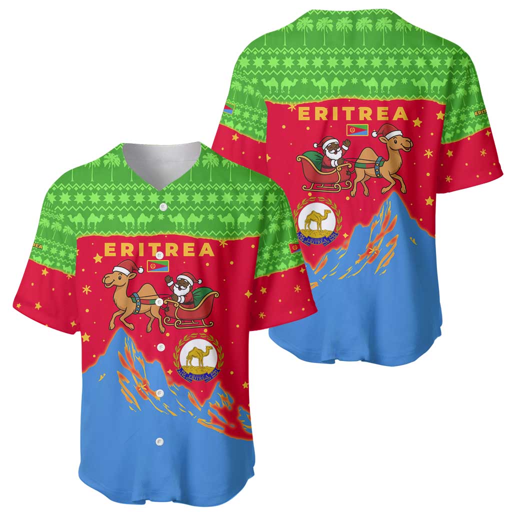 Eritrea Christmas Baseball Jersey with Santa Claus Camel Sleigh National Emblem and Red Green Blue Pattern - Wonder Print Shop