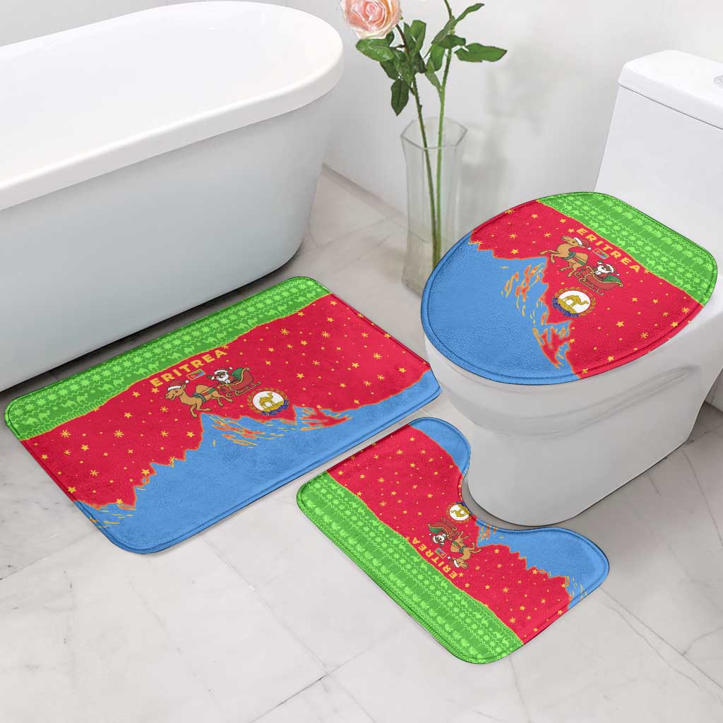 Eritrea Christmas Bathroom Set with Santa Claus Camel Sleigh National Emblem and Red Green Blue Pattern - Wonder Print Shop