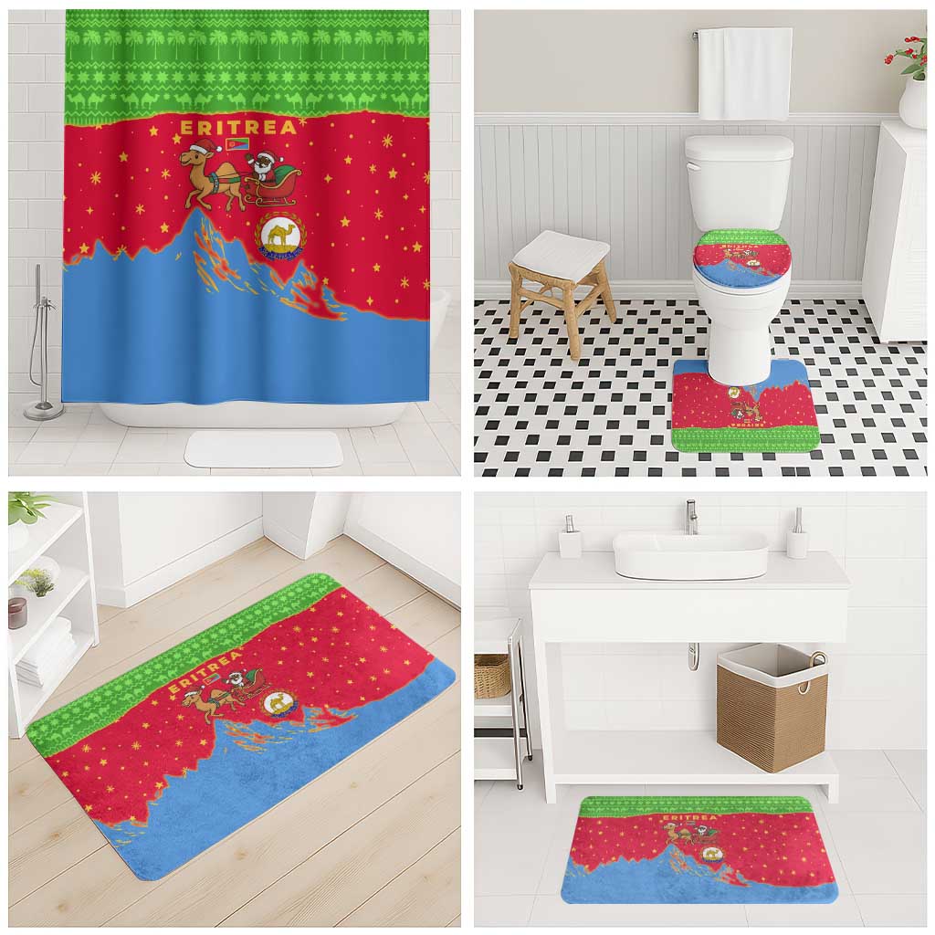 Eritrea Christmas Bathroom Set with Santa Claus Camel Sleigh National Emblem and Red Green Blue Pattern - Wonder Print Shop