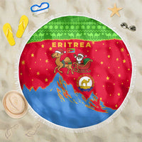 Eritrea Christmas Beach Blanket with Santa Claus Camel Sleigh National Emblem and Red Green Blue Pattern - Wonder Print Shop