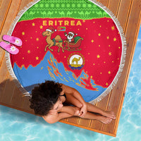 Eritrea Christmas Beach Blanket with Santa Claus Camel Sleigh National Emblem and Red Green Blue Pattern - Wonder Print Shop