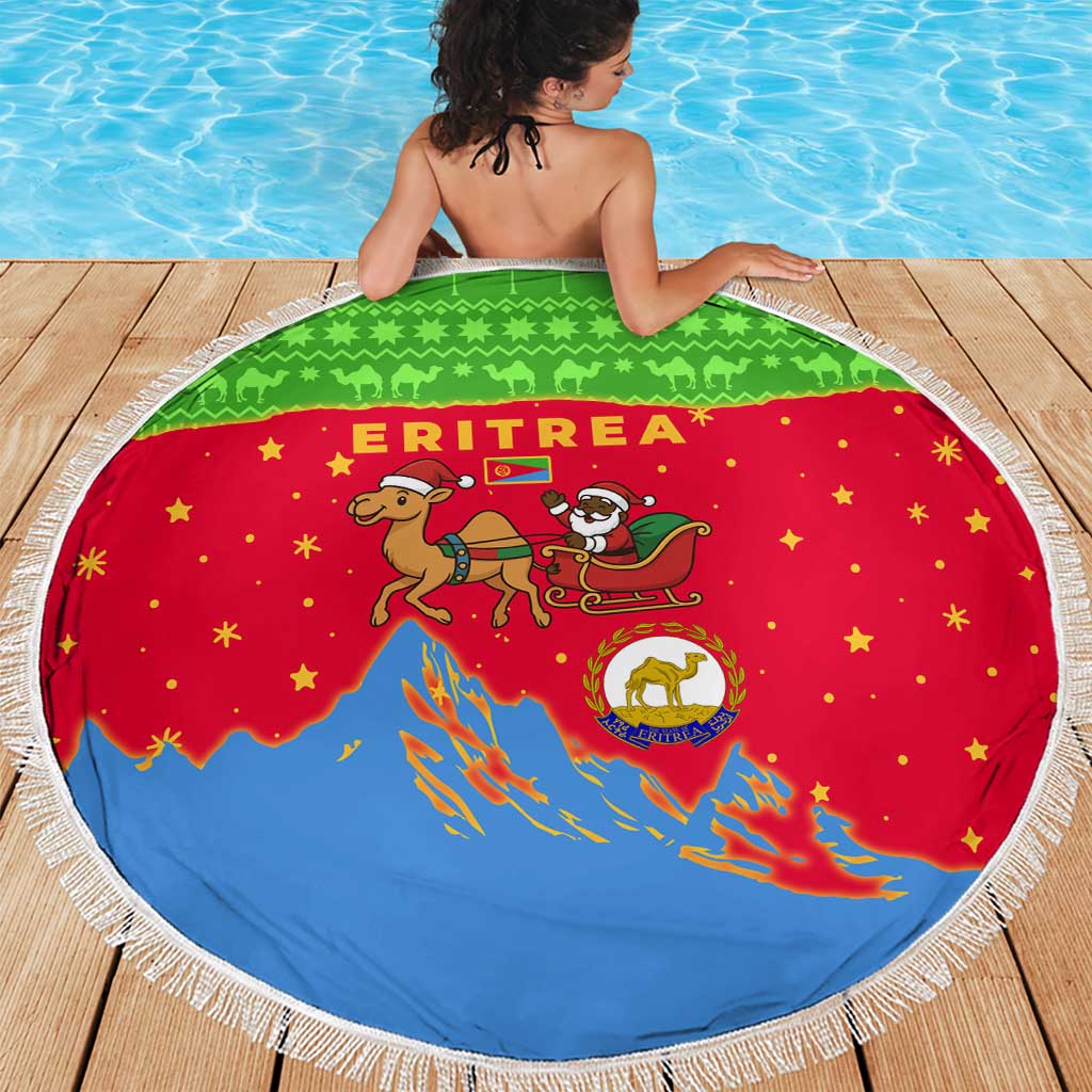 Eritrea Christmas Beach Blanket with Santa Claus Camel Sleigh National Emblem and Red Green Blue Pattern - Wonder Print Shop