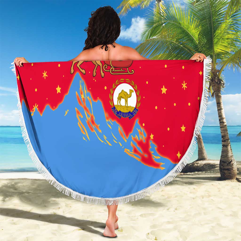 Eritrea Christmas Beach Blanket with Santa Claus Camel Sleigh National Emblem and Red Green Blue Pattern - Wonder Print Shop