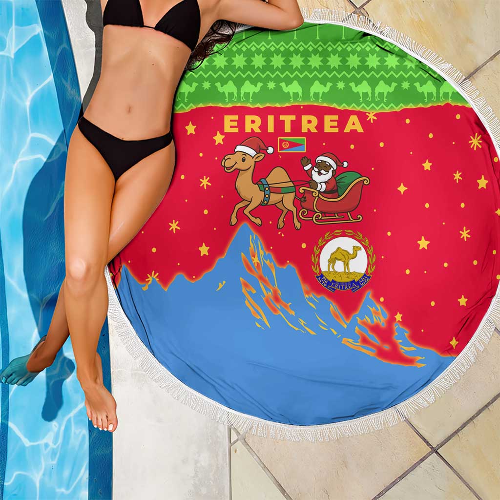Eritrea Christmas Beach Blanket with Santa Claus Camel Sleigh National Emblem and Red Green Blue Pattern - Wonder Print Shop