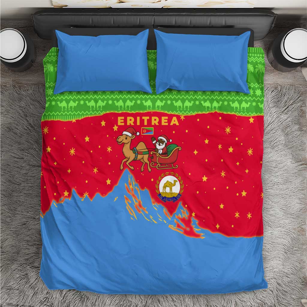 Eritrea Christmas Bedding Set with Santa Claus Camel Sleigh National Emblem and Red Green Blue Pattern - Wonder Print Shop