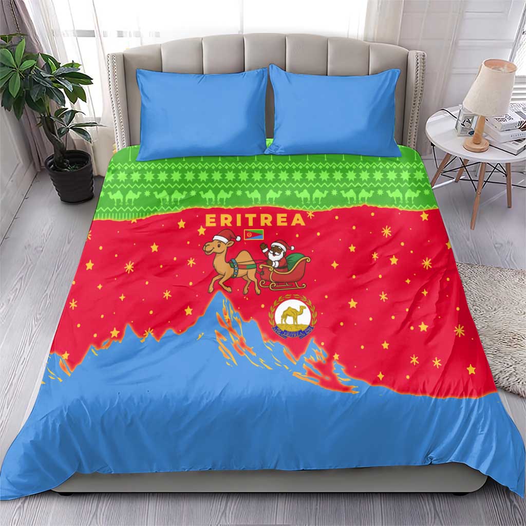 Eritrea Christmas Bedding Set with Santa Claus Camel Sleigh National Emblem and Red Green Blue Pattern - Wonder Print Shop