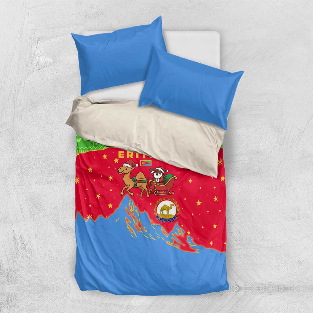 Eritrea Christmas Bedding Set with Santa Claus Camel Sleigh National Emblem and Red Green Blue Pattern - Wonder Print Shop