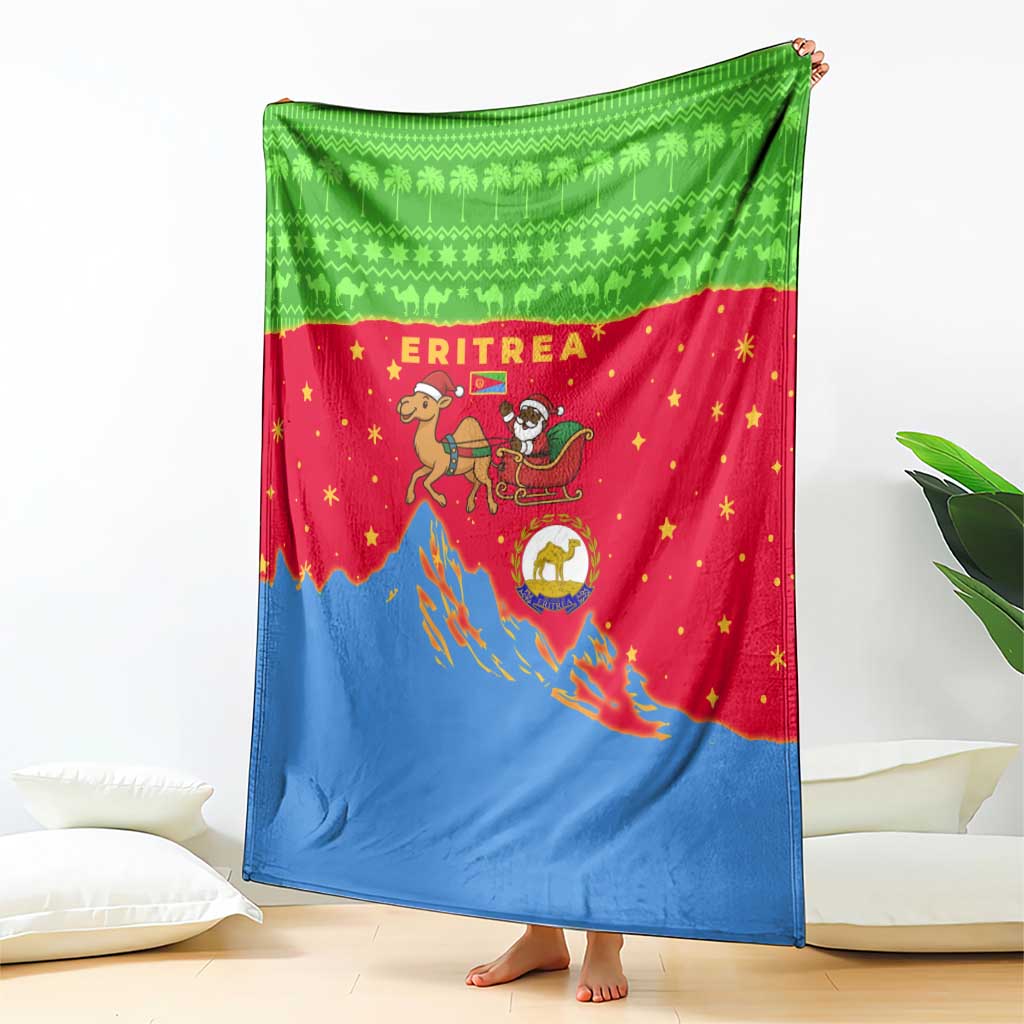 Eritrea Christmas Blanket with Santa Claus Camel Sleigh National Emblem and Red Green Blue Pattern - Wonder Print Shop