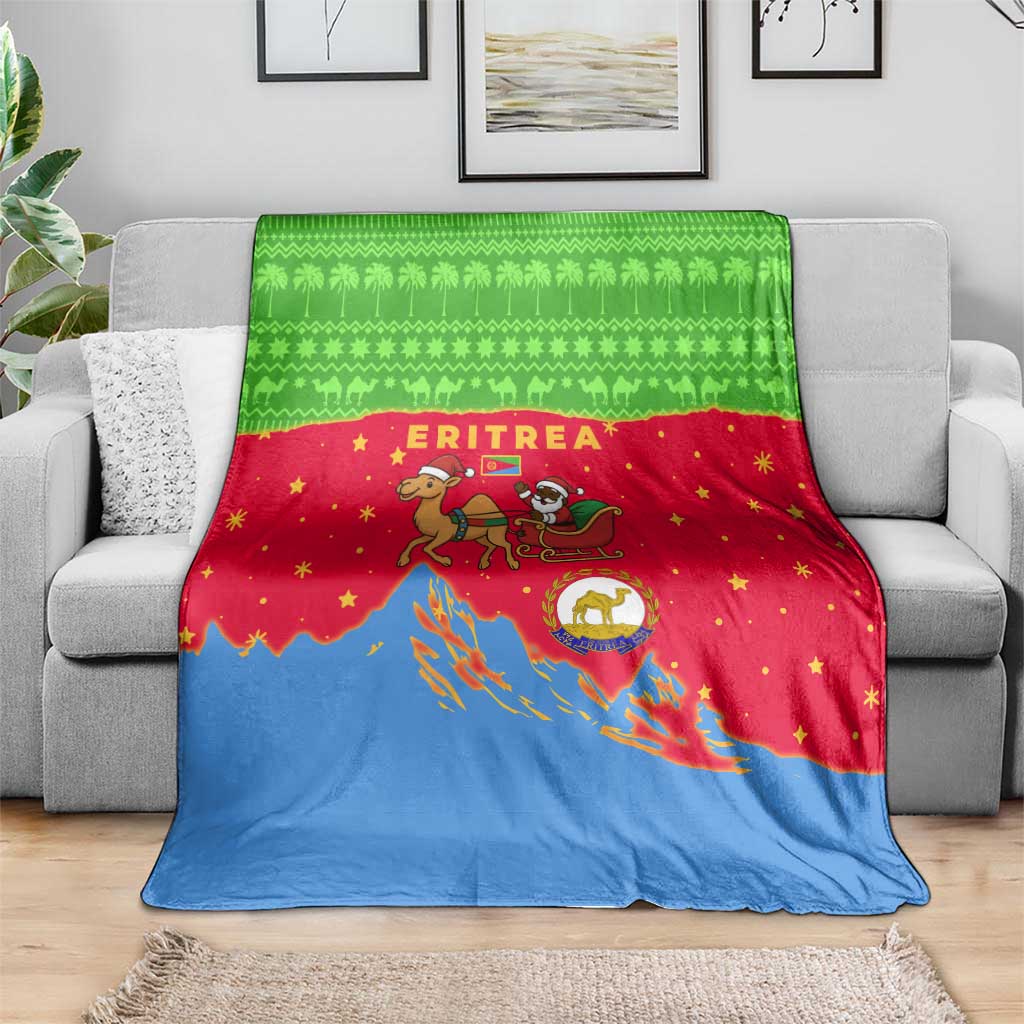 Eritrea Christmas Blanket with Santa Claus Camel Sleigh National Emblem and Red Green Blue Pattern - Wonder Print Shop