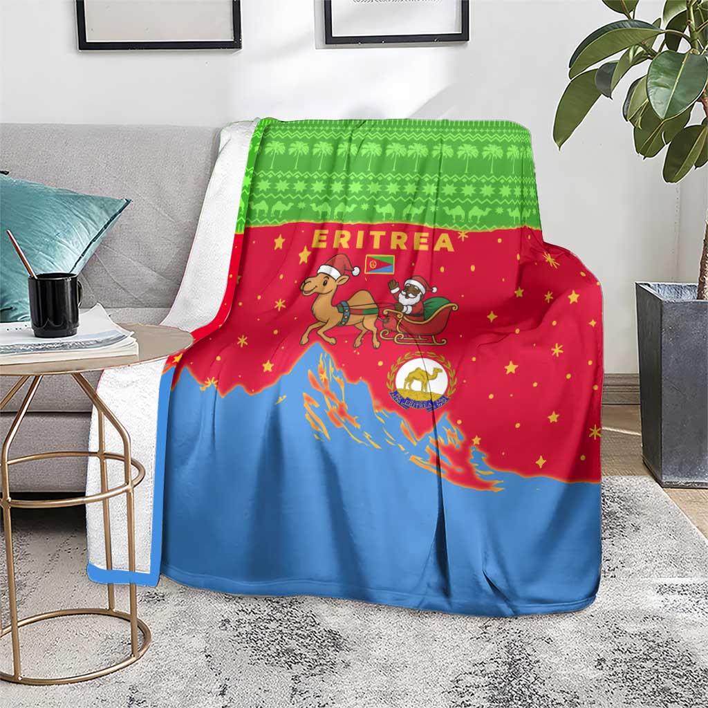 Eritrea Christmas Blanket with Santa Claus Camel Sleigh National Emblem and Red Green Blue Pattern - Wonder Print Shop