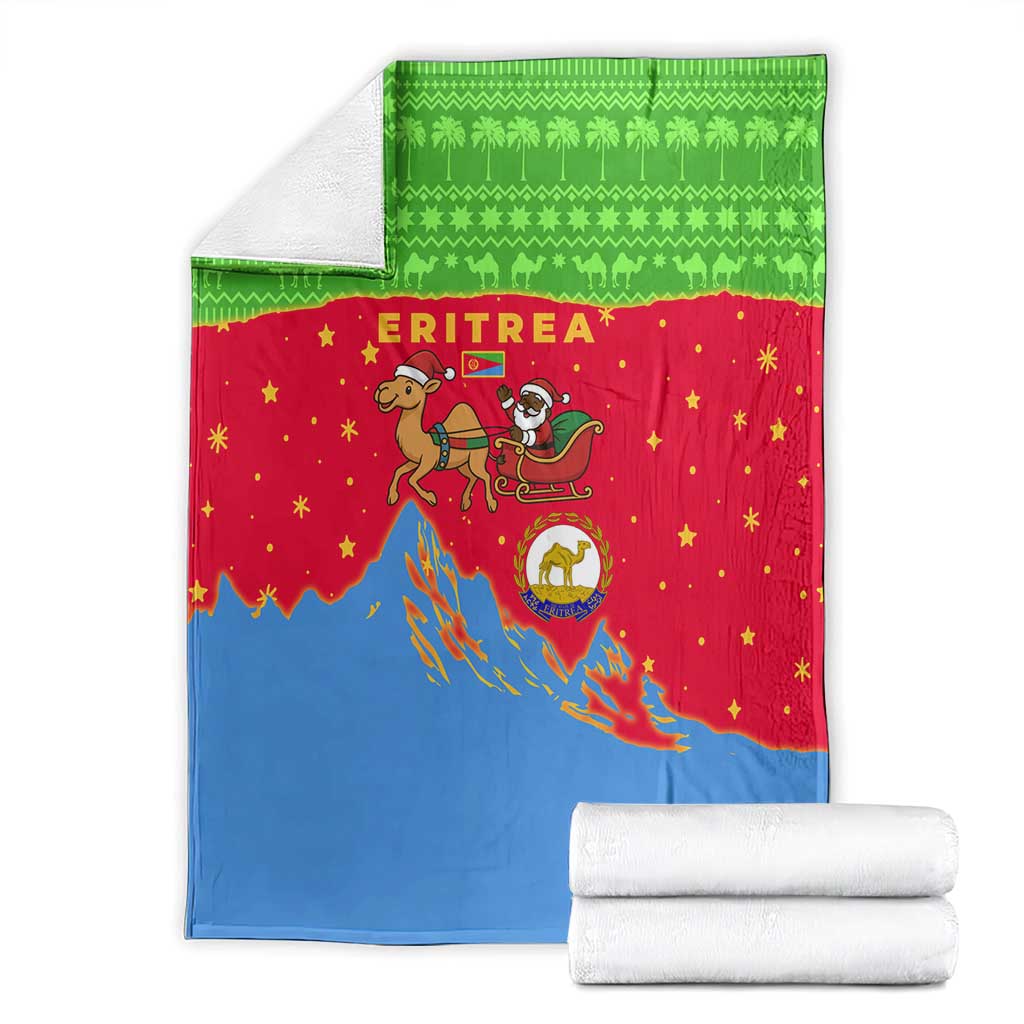 Eritrea Christmas Blanket with Santa Claus Camel Sleigh National Emblem and Red Green Blue Pattern - Wonder Print Shop