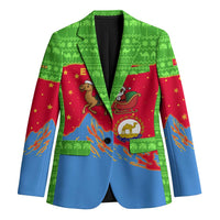 Eritrea Christmas Blazer with Santa Claus Camel Sleigh National Emblem and Red Green Blue Pattern - Wonder Print Shop