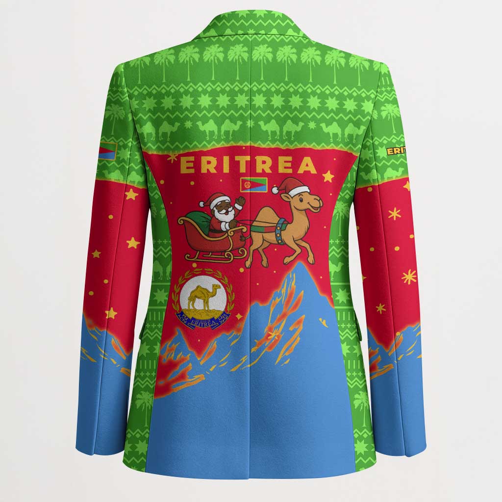 Eritrea Christmas Blazer with Santa Claus Camel Sleigh National Emblem and Red Green Blue Pattern - Wonder Print Shop