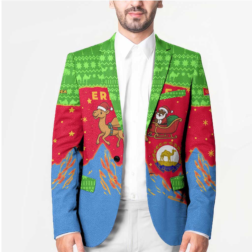 Eritrea Christmas Blazer with Santa Claus Camel Sleigh National Emblem and Red Green Blue Pattern - Wonder Print Shop