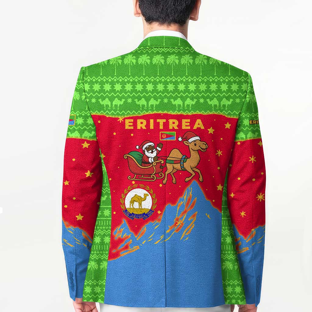 Eritrea Christmas Blazer with Santa Claus Camel Sleigh National Emblem and Red Green Blue Pattern - Wonder Print Shop