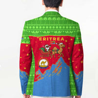 Eritrea Christmas Blazer with Santa Claus Camel Sleigh National Emblem and Red Green Blue Pattern - Wonder Print Shop