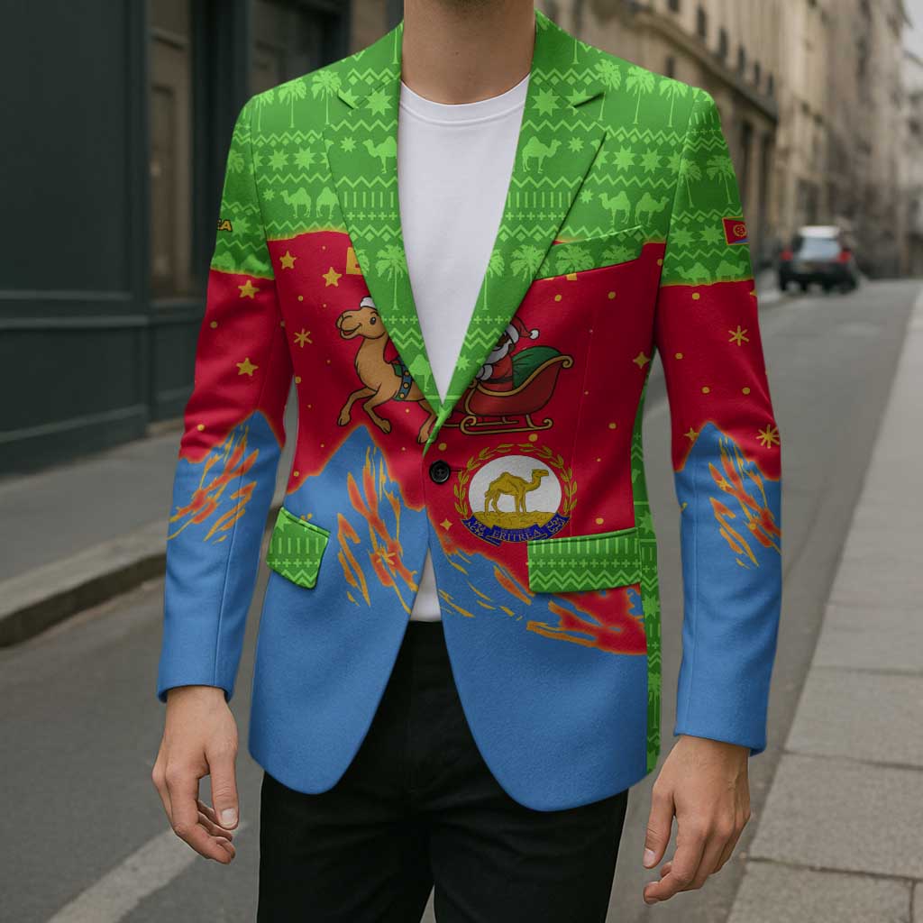 Eritrea Christmas Blazer with Santa Claus Camel Sleigh National Emblem and Red Green Blue Pattern - Wonder Print Shop