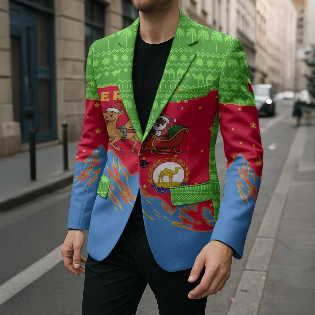 Eritrea Christmas Blazer with Santa Claus Camel Sleigh National Emblem and Red Green Blue Pattern - Wonder Print Shop