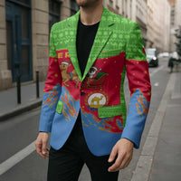 Eritrea Christmas Blazer with Santa Claus Camel Sleigh National Emblem and Red Green Blue Pattern - Wonder Print Shop