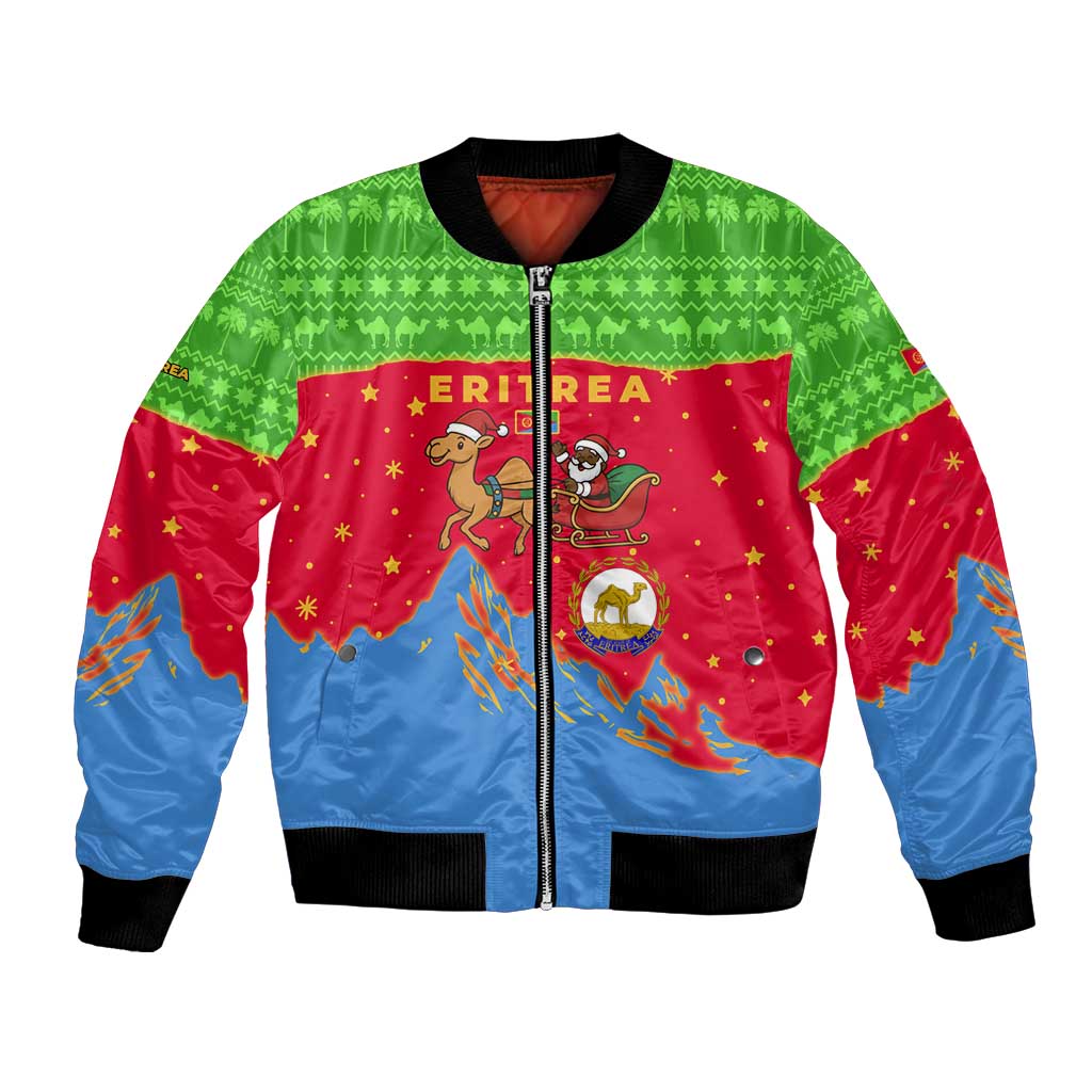 Eritrea Christmas Bomber Jacket with Santa Claus Camel Sleigh National Emblem and Red Green Blue Pattern - Wonder Print Shop
