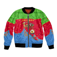 Eritrea Christmas Bomber Jacket with Santa Claus Camel Sleigh National Emblem and Red Green Blue Pattern - Wonder Print Shop