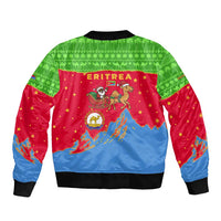 Eritrea Christmas Bomber Jacket with Santa Claus Camel Sleigh National Emblem and Red Green Blue Pattern - Wonder Print Shop