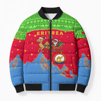 Eritrea Christmas Bomber Puffer Jacket with Santa Claus Camel Sleigh National Emblem and Red Green Blue Pattern - Wonder Print Shop