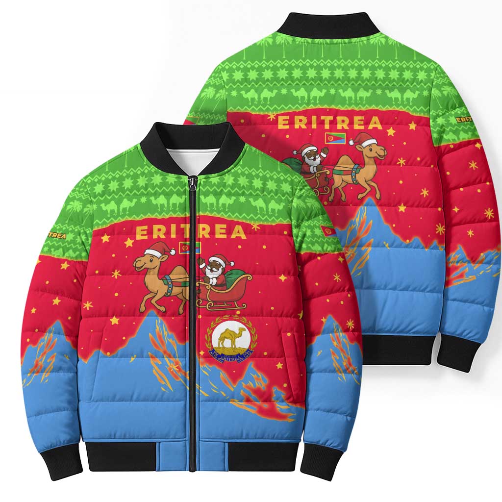Eritrea Christmas Bomber Puffer Jacket with Santa Claus Camel Sleigh National Emblem and Red Green Blue Pattern - Wonder Print Shop