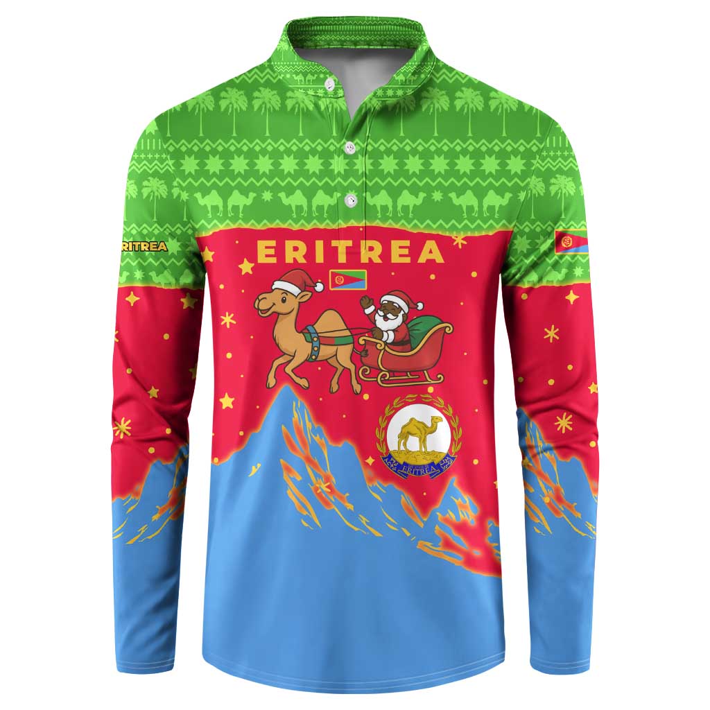 Eritrea Christmas Button Sweatshirt with Santa Claus Camel Sleigh National Emblem and Red Green Blue Pattern - Wonder Print Shop