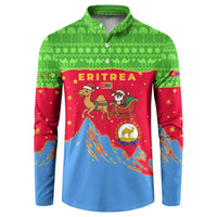 Eritrea Christmas Button Sweatshirt with Santa Claus Camel Sleigh National Emblem and Red Green Blue Pattern - Wonder Print Shop