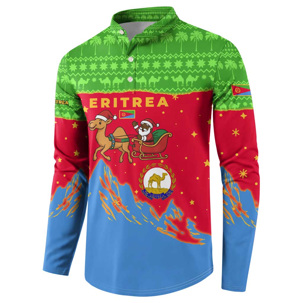 Eritrea Christmas Button Sweatshirt with Santa Claus Camel Sleigh National Emblem and Red Green Blue Pattern - Wonder Print Shop
