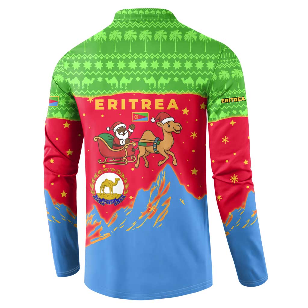 Eritrea Christmas Button Sweatshirt with Santa Claus Camel Sleigh National Emblem and Red Green Blue Pattern - Wonder Print Shop