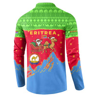 Eritrea Christmas Button Sweatshirt with Santa Claus Camel Sleigh National Emblem and Red Green Blue Pattern - Wonder Print Shop