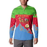 Eritrea Christmas Button Sweatshirt with Santa Claus Camel Sleigh National Emblem and Red Green Blue Pattern - Wonder Print Shop