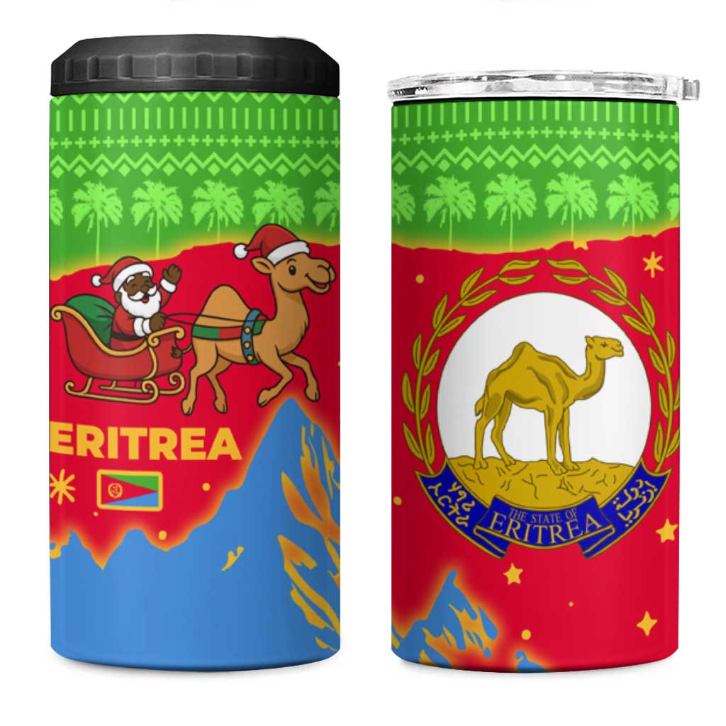 Eritrea Christmas 4 in 1 Can Cooler Tumbler with Santa Claus Camel Sleigh National Emblem and Red Green Blue Pattern - Wonder Print Shop