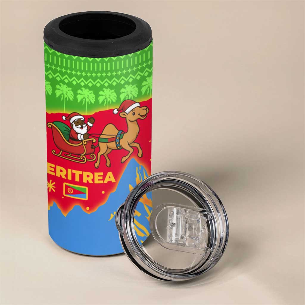 Eritrea Christmas 4 in 1 Can Cooler Tumbler with Santa Claus Camel Sleigh National Emblem and Red Green Blue Pattern - Wonder Print Shop