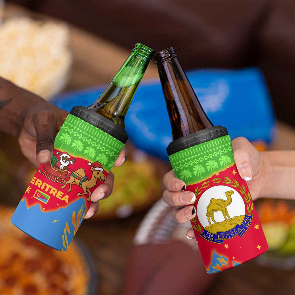 Eritrea Christmas 4 in 1 Can Cooler Tumbler with Santa Claus Camel Sleigh National Emblem and Red Green Blue Pattern - Wonder Print Shop