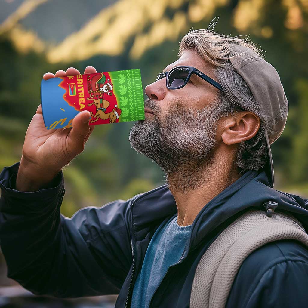 Eritrea Christmas 4 in 1 Can Cooler Tumbler with Santa Claus Camel Sleigh National Emblem and Red Green Blue Pattern - Wonder Print Shop