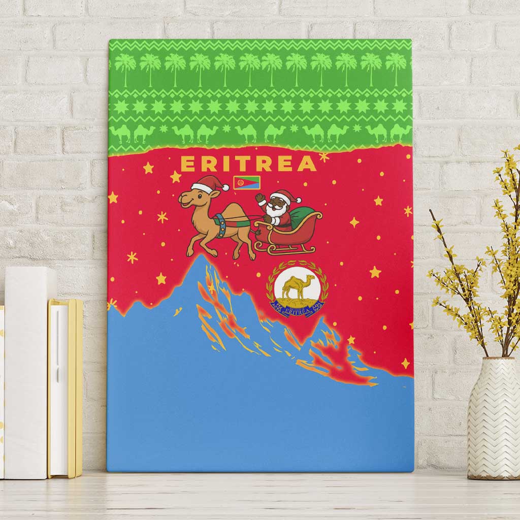 Eritrea Christmas Canvas Wall Art with Santa Claus Camel Sleigh National Emblem and Red Green Blue Pattern - Wonder Print Shop