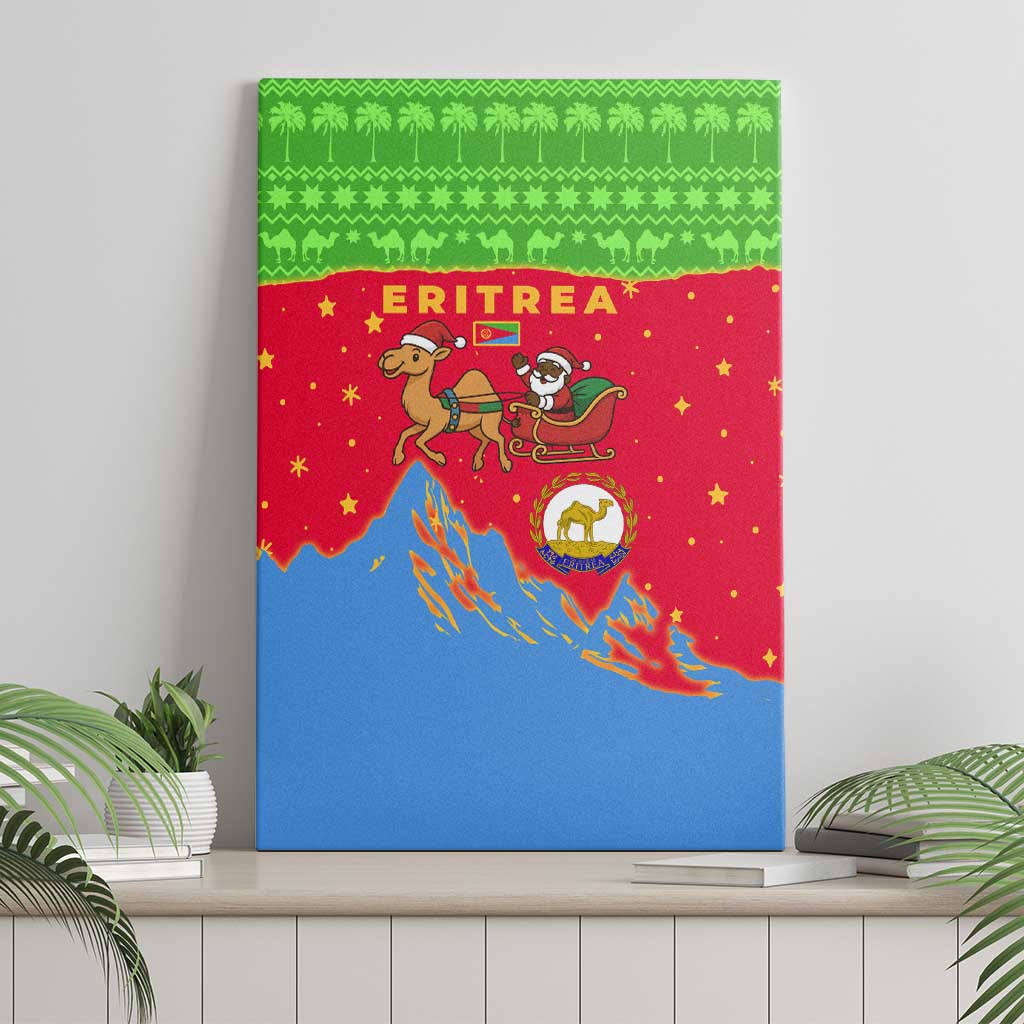 Eritrea Christmas Canvas Wall Art with Santa Claus Camel Sleigh National Emblem and Red Green Blue Pattern - Wonder Print Shop